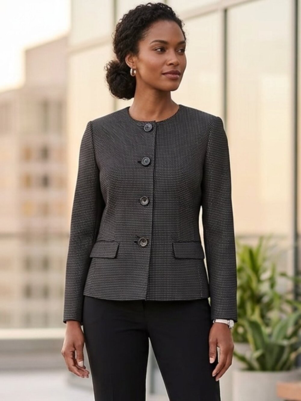 Le Suit Black Silver Micro Texture Collarless Blazer Jacket Women's Plus Size 16